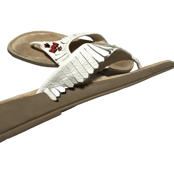 Minnetonka Beaded Thunderbird Fringe Sandals White Leather Thong Flip Flop Sz 8 - Picture 10 of 11